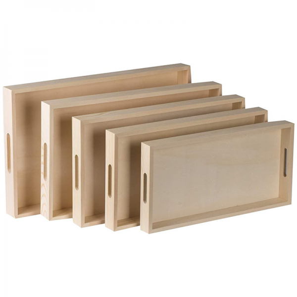 5 piece Set of Rectangular Shape Wood Trays for Crafts with Cut Out Handles