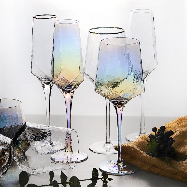 New style retro hammered glass hotel decoration diamond wine crystal glass plating goblet